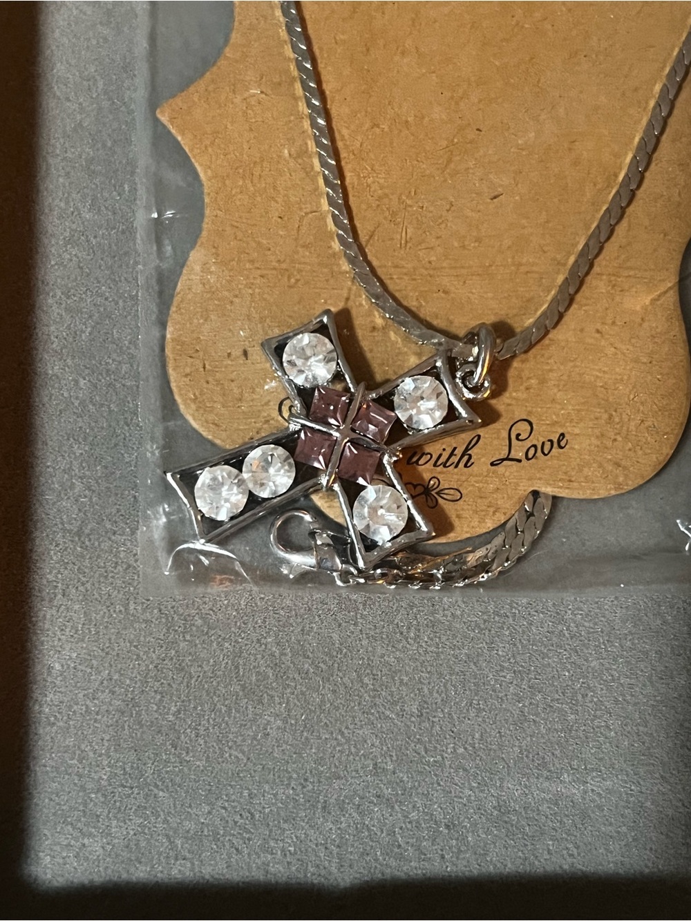 Silver Cross Pendant Necklace with Clear and Light Pink Stones